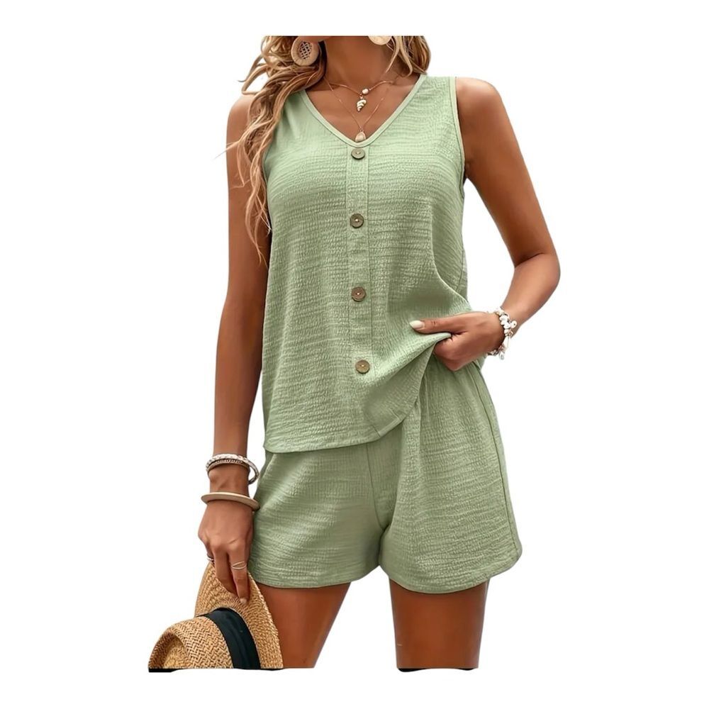 Sleeveless Green Button-Up Top and Shorts Set XL
